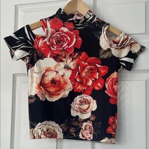 Elegant Floral Women's High Neck Tee - Red, Black, and Creamy Pink, White